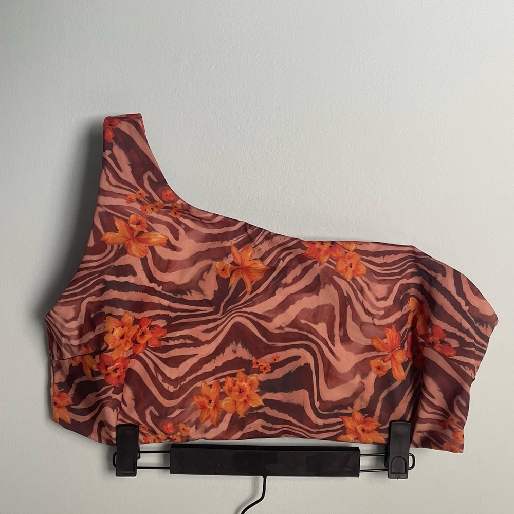 One-Shoulder Zebra Print Bikini Top with Floral Accents